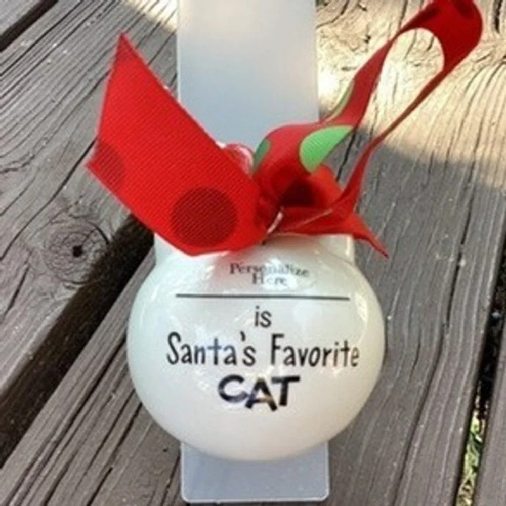 Christmas‎ Cat Ornament Personalized Santa's Favorite Cat Bell Red Green Ribbon